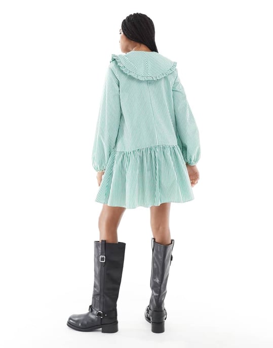Miss Selfridge randig oversized krage smockklänning i grön rand - Image 2