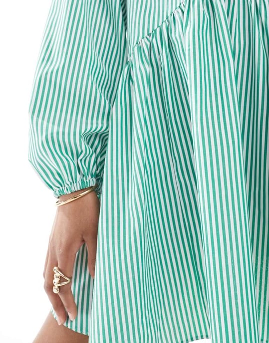 Miss Selfridge randig oversized krage smockklänning i grön rand - Image 3