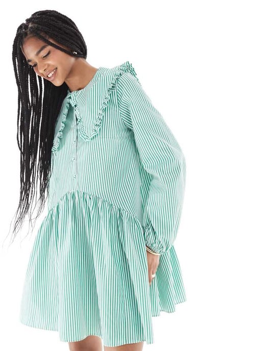 Miss Selfridge randig oversized krage smockklänning i grön rand - Image 4