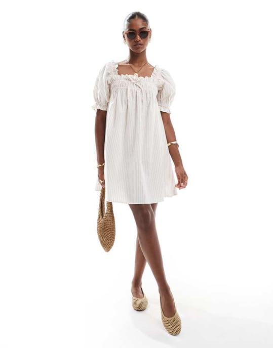 Miss Selfridge garnfärgad randig smockklänning i beige rand - Image 3