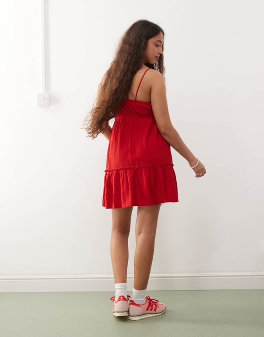 Miss Selfridge rutig tiered smock-klänning i röd - Image 3