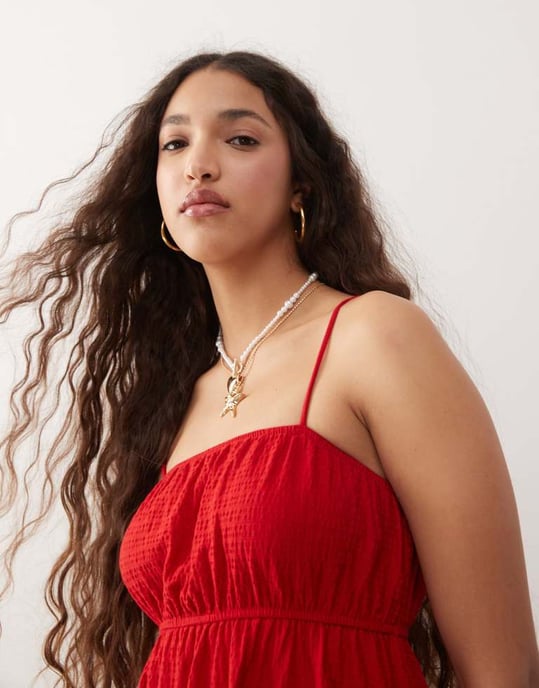 Miss Selfridge rutig tiered smock-klänning i röd - Image 4