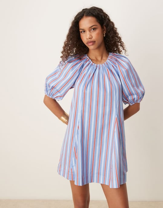 ASOS DESIGN puffärm bomullspoplin mini-klänning i blå rand - Image 1
