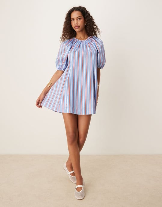 ASOS DESIGN puffärm bomullspoplin mini-klänning i blå rand - Image 2