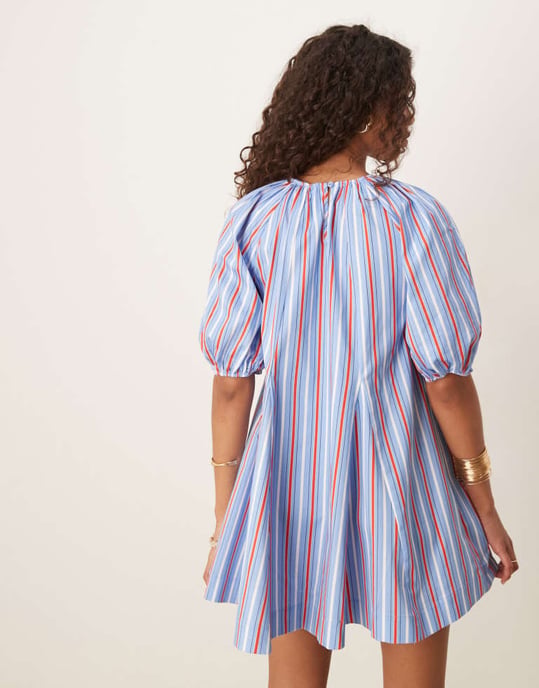 ASOS DESIGN puffärm bomullspoplin mini-klänning i blå rand - Image 3