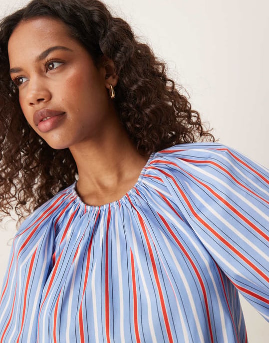 ASOS DESIGN puffärm bomullspoplin mini-klänning i blå rand - Image 4