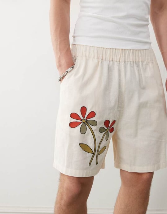 Återvunnen vintage unisex shorts med tryck av logotyp och blommor i ecru - Image 4
