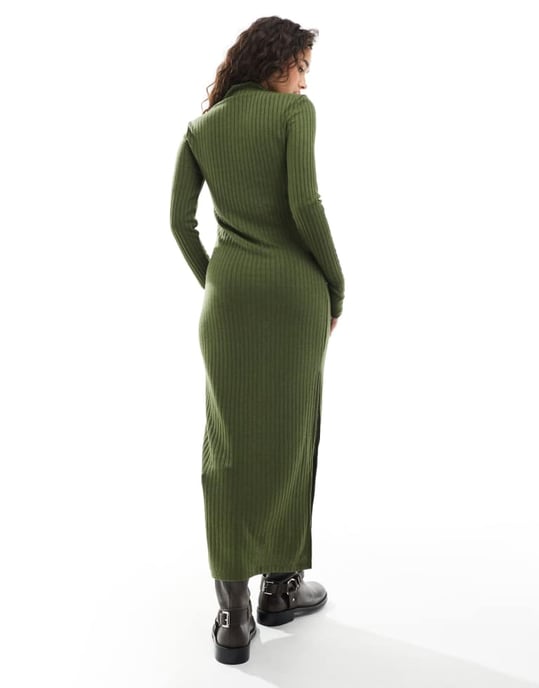 Vero Moda ribbad jersey maxiklänning i mörkgrön - Image 4