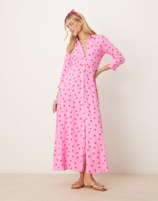 YAS maxi skjortklänning i rosa och röda prickar - Image 1