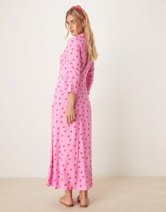 YAS maxi skjortklänning i rosa och röda prickar - Image 4