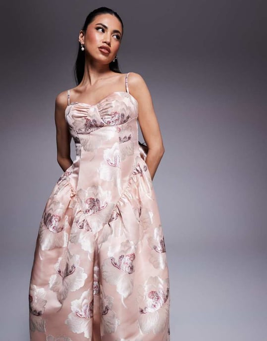 ASOS LUXE jacquard maxiklänning med låg midja i champagneblommig - Image 3