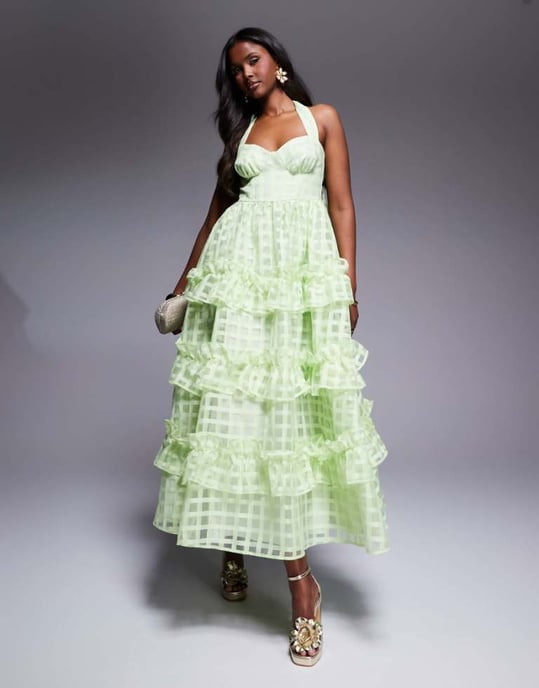 ASOS LUXE texturerad organza rutmönstrad halterneck maxiklänning i klargrön - Image 1