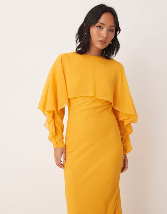 ASOS DESIGN Petite långärmad volangskjol snedd maxi klänning med kapdetalj i orange - Image 2