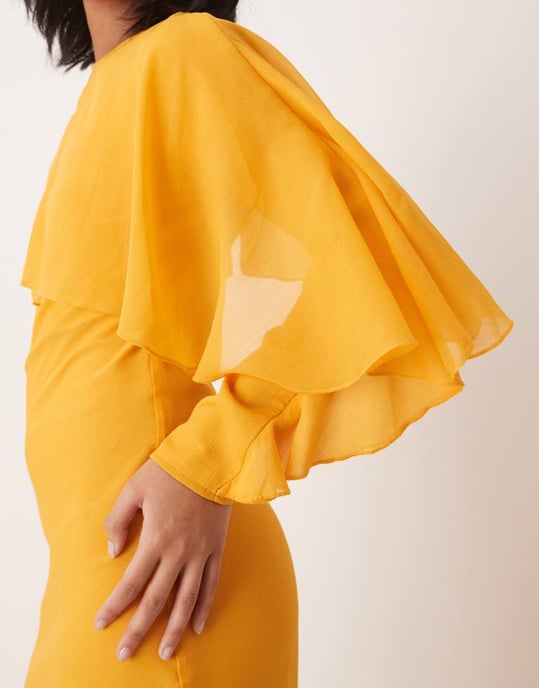 ASOS DESIGN Petite långärmad volangskjol snedd maxi klänning med kapdetalj i orange - Image 3