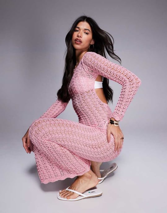 Missyempire strandcrochetstickad klänning med öppen rygg i maxiform i rosa - Image 2