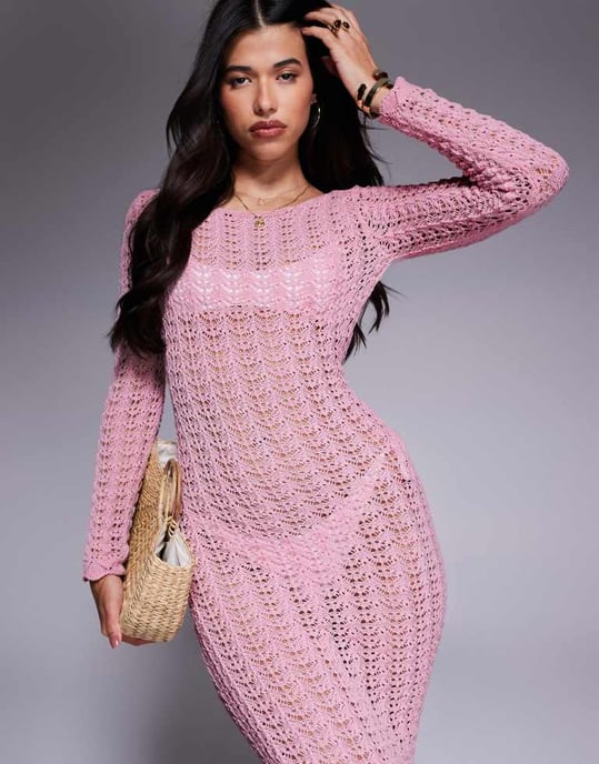 Missyempire strandcrochetstickad klänning med öppen rygg i maxiform i rosa - Image 4