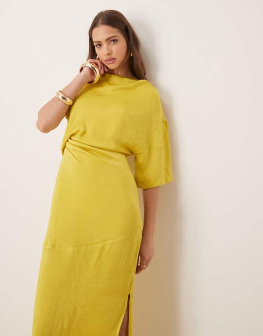 ASOS DESIGN t-shirtklänning med veckdetalj och draperad bak i chartreuse - Image 2
