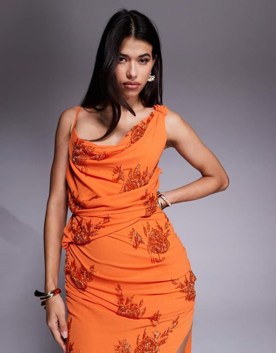 ASOS DESIGN utsmyckad blommig draperad cutout maxiklänning i orange - Image 2