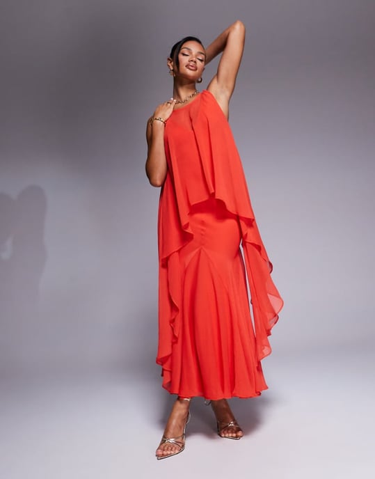 ASOS DESIGN djup V-ringad maxiklänning med chiffongöverdela och godet i klara röda - Image 1