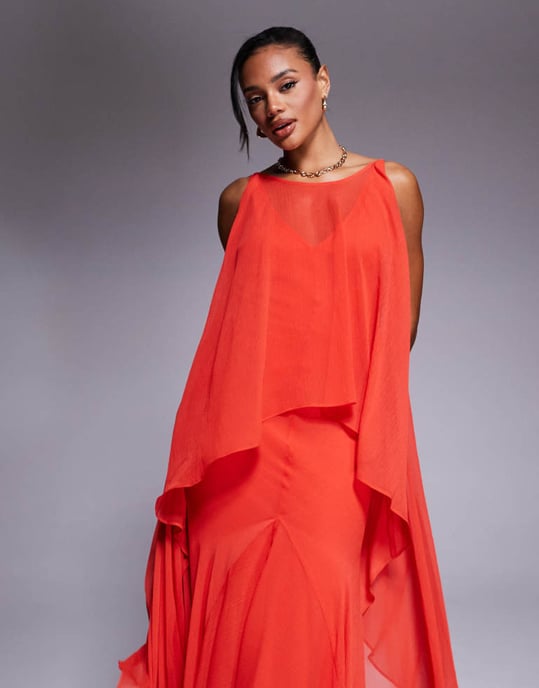ASOS DESIGN djup V-ringad maxiklänning med chiffongöverdela och godet i klara röda - Image 3