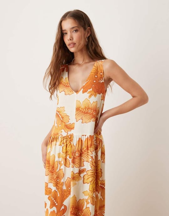 ASOS DESIGN halterneck linne midja maxi klänning i orange mönster - Image 2