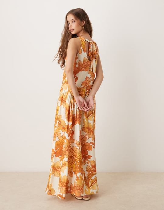 ASOS DESIGN halterneck linne midja maxi klänning i orange mönster - Image 3