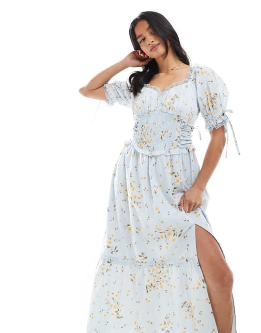 Miss Selfridge Petite tryckt mjölkpiga maxiklänning i blått blommönster - Image 2