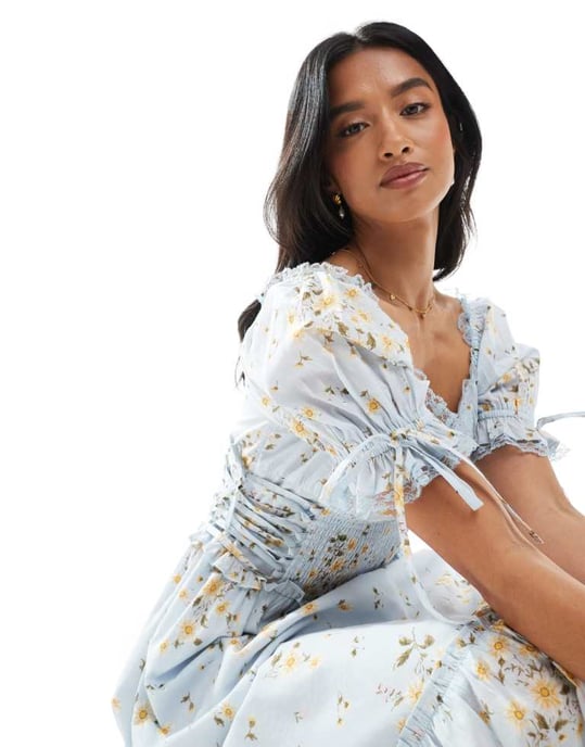Miss Selfridge Petite tryckt mjölkpiga maxiklänning i blått blommönster - Image 3