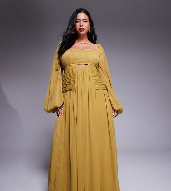 ASOS DESIGN Curve långärmad maxiklänning med skurna detaljer och rynkad kjol i olivgrön - Image 1