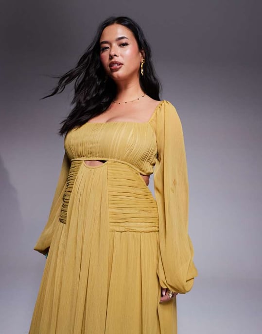 ASOS DESIGN Curve långärmad maxiklänning med skurna detaljer och rynkad kjol i olivgrön - Image 2
