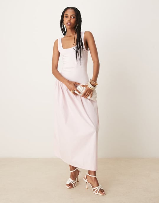 ASOS DESIGN poplinblandning maxi klänning med fyrkantig halsringning i rosa - Image 1