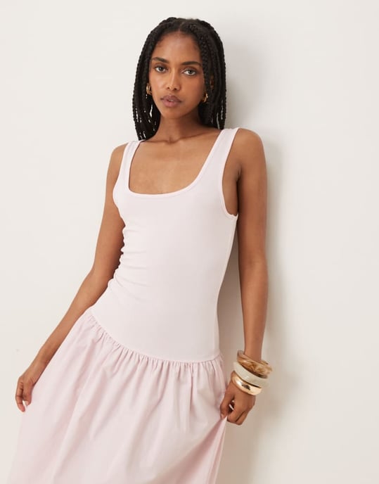 ASOS DESIGN poplinblandning maxi klänning med fyrkantig halsringning i rosa - Image 2