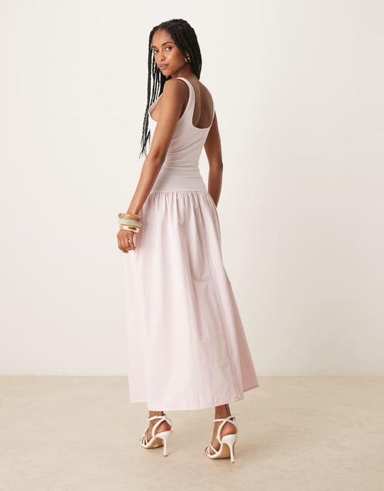 ASOS DESIGN poplinblandning maxi klänning med fyrkantig halsringning i rosa - Image 3