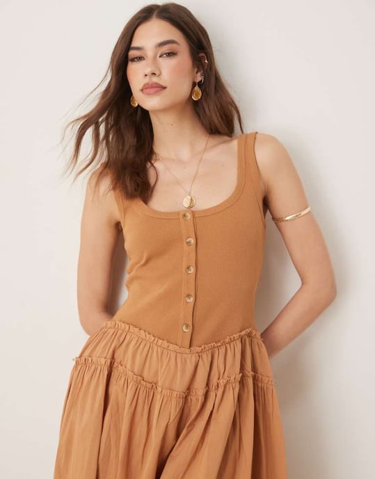 ASOS DESIGN scoop knapp ribbad överdel med poplin kjol maxiklänning i rost - Image 2