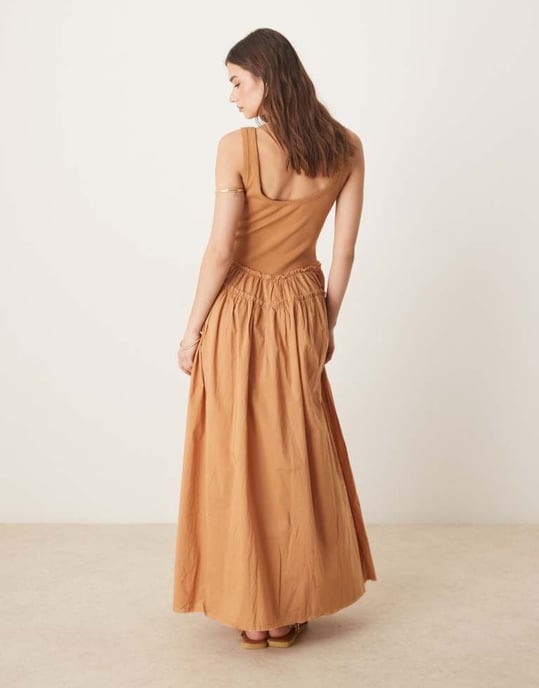 ASOS DESIGN scoop knapp ribbad överdel med poplin kjol maxiklänning i rost - Image 3