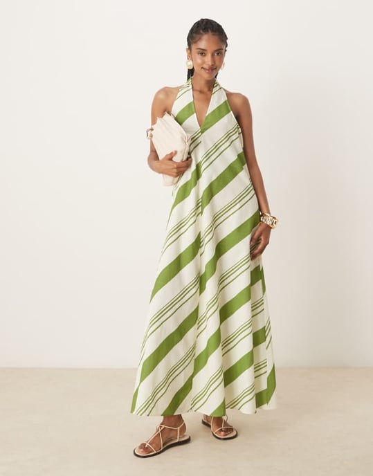 ASOS DESIGN avslappnad halterneck maxiklänning i grön rand - Image 1