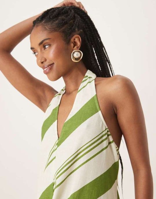 ASOS DESIGN avslappnad halterneck maxiklänning i grön rand - Image 3