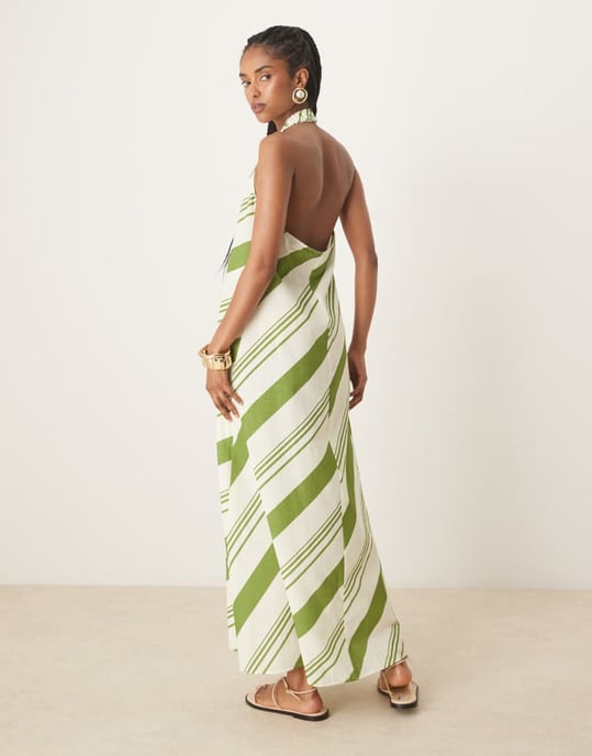ASOS DESIGN avslappnad halterneck maxiklänning i grön rand - Image 4