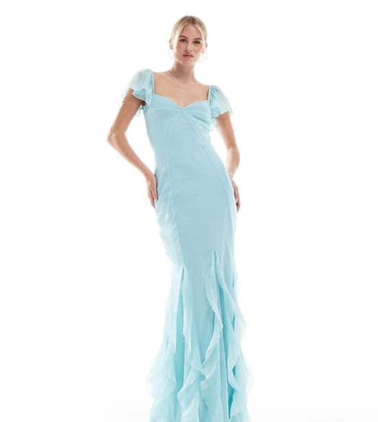 ASOS DESIGN Lång flutterärm maxi klänning med volangdetaljer i blått - Image 1