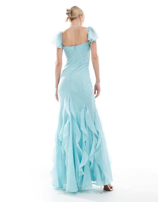 ASOS DESIGN Lång flutterärm maxi klänning med volangdetaljer i blått - Image 2