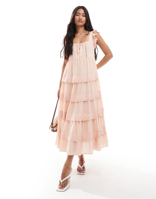 Miss Selfridge spetsbroderad babydoll maxi klänning i persika - Image 1