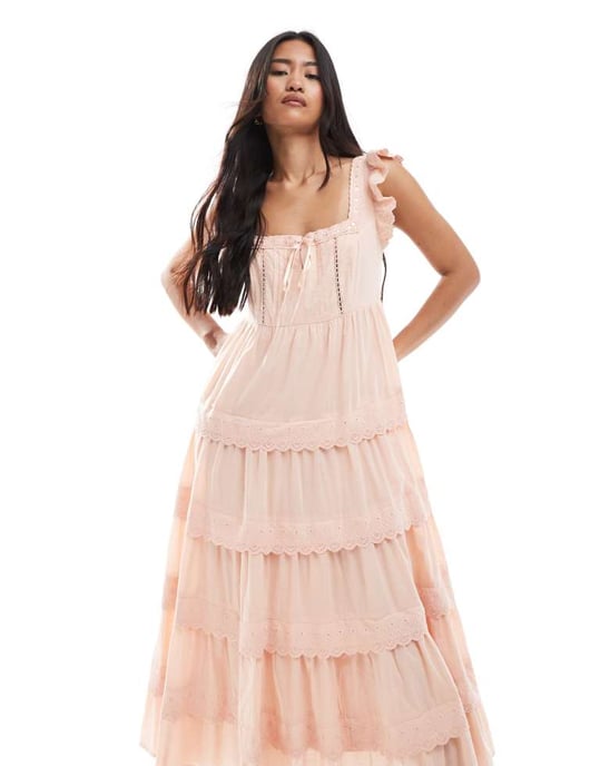 Miss Selfridge spetsbroderad babydoll maxi klänning i persika - Image 2