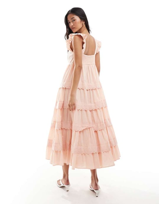 Miss Selfridge spetsbroderad babydoll maxi klänning i persika - Image 3