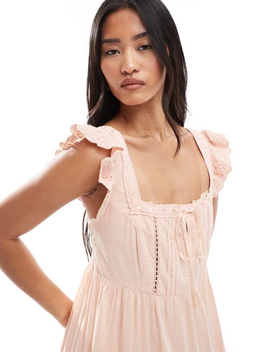 Miss Selfridge spetsbroderad babydoll maxi klänning i persika - Image 4