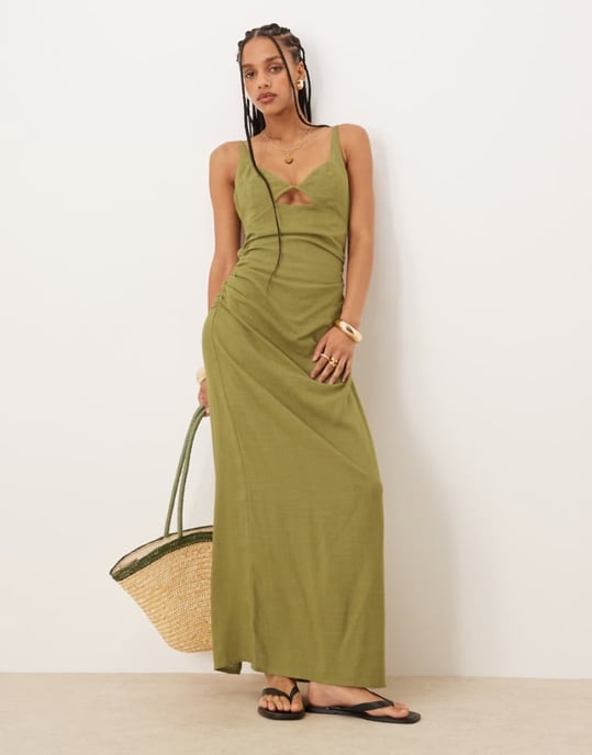 ASOS DESIGN linne maxi solklänning med braletteutskärning i oliv - Image 1