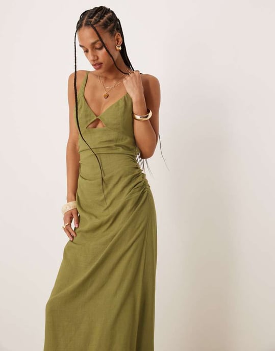 ASOS DESIGN linne maxi solklänning med braletteutskärning i oliv - Image 2
