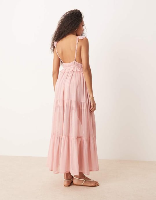 ASOS DESIGN maxi klänning med fladdrande ärmar i lager och rosettdetaljer i rosa - Image 4