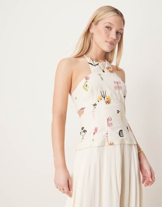 ASOS DESIGN twillfolk broderad hybrid maxiklänning i sten - Image 4
