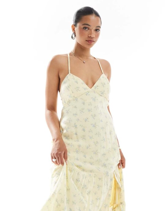 Hollister långklänning med öppen rygg och hög slits i gul småblommig print - Image 2