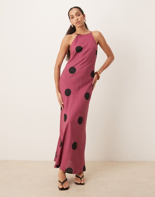 ASOS DESIGN linne racermaxi klänning i lila prickar - Image 1